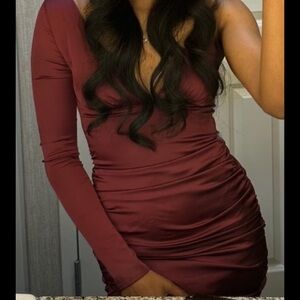 Oh Polly One Shoulder Burgundy Dress